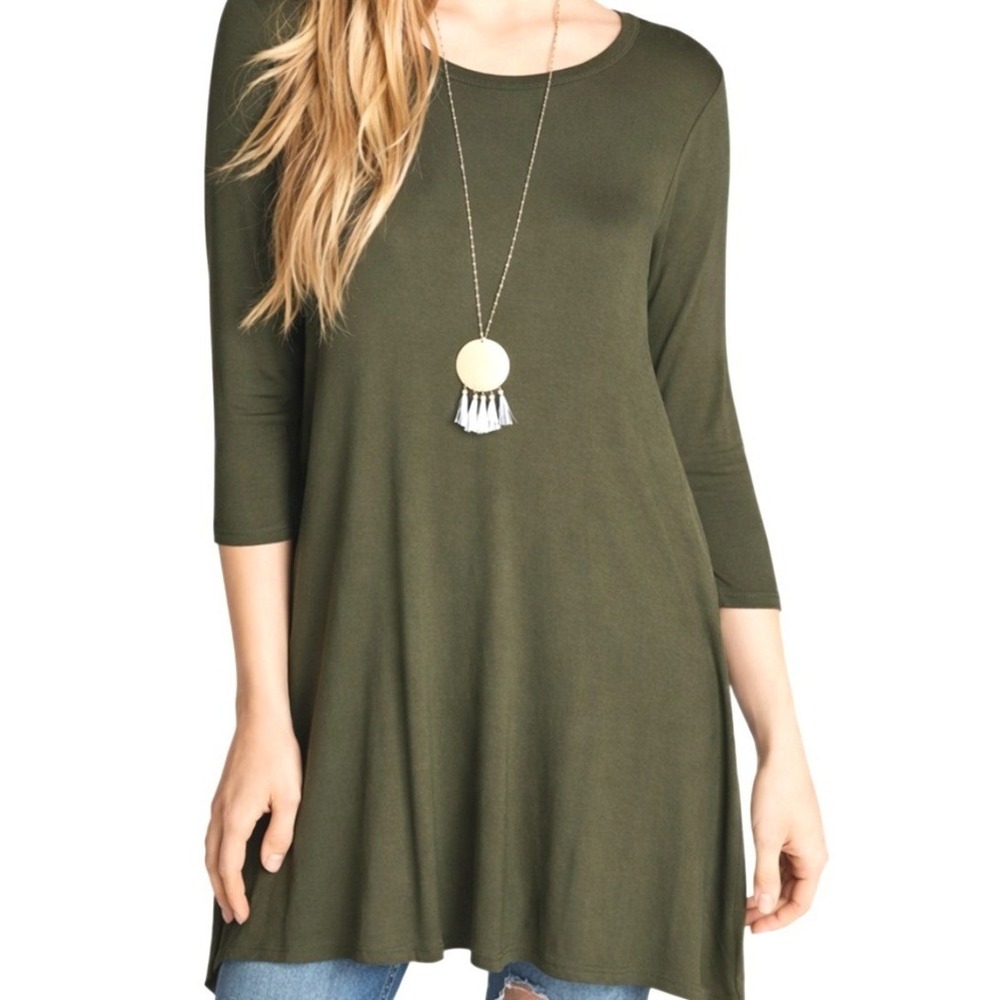 Lush NWT Olive Green 3/4‎ Sleeve High Low Tunic Top Crew Neck Relaxed Fit XS